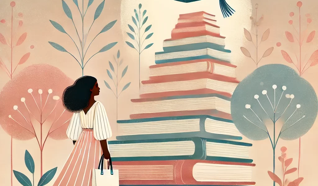 A-serene-and-inspiring-illustration-of-a-confident-Black-woman-standing-at-the-base-of-a-symbolic-staircase-made-of-books-representing-academic-growth.