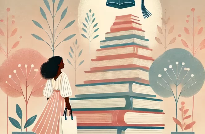 A-serene-and-inspiring-illustration-of-a-confident-Black-woman-standing-at-the-base-of-a-symbolic-staircase-made-of-books-representing-academic-growth.